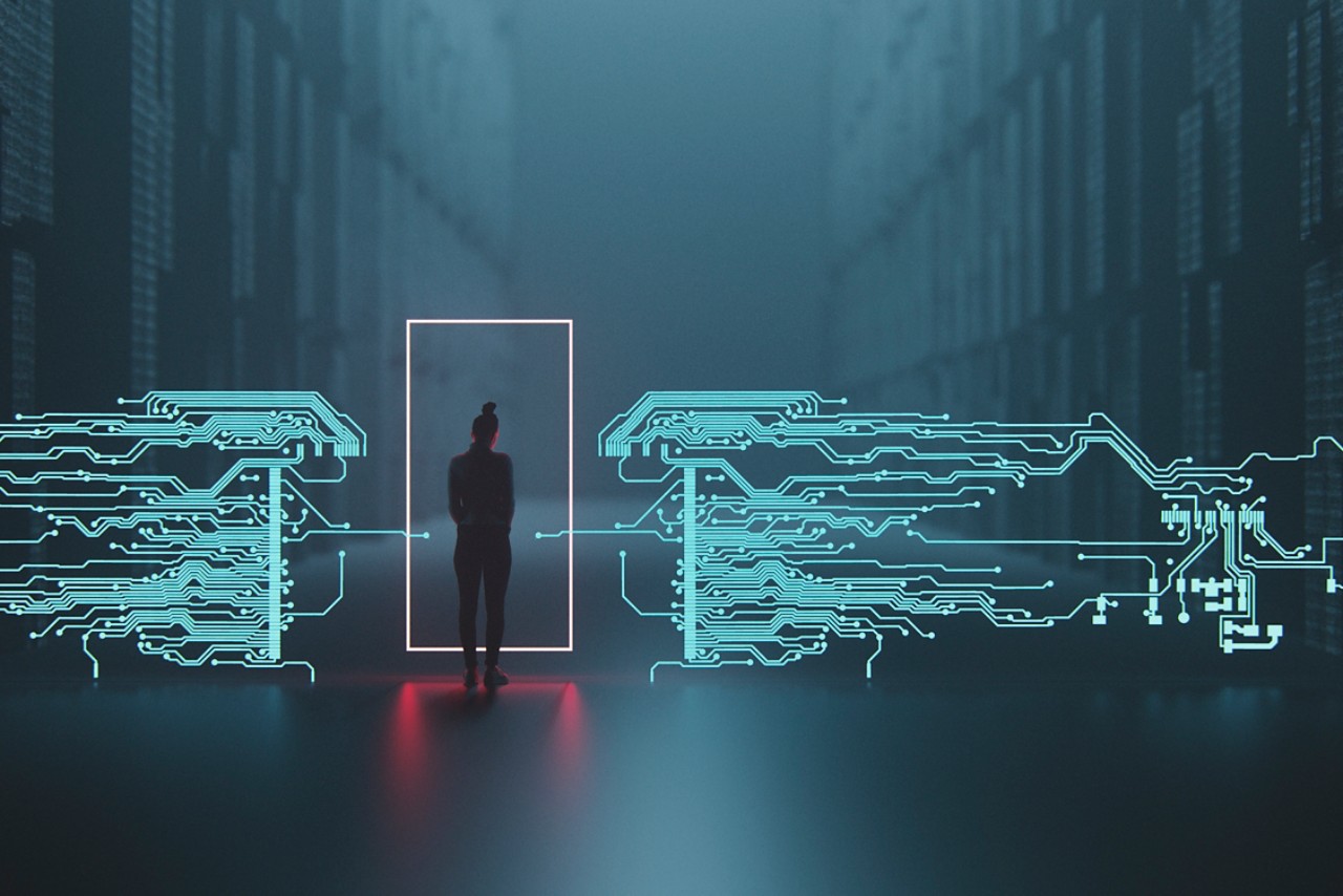 Woman and digital security points. This is entirely 3D generated image.
