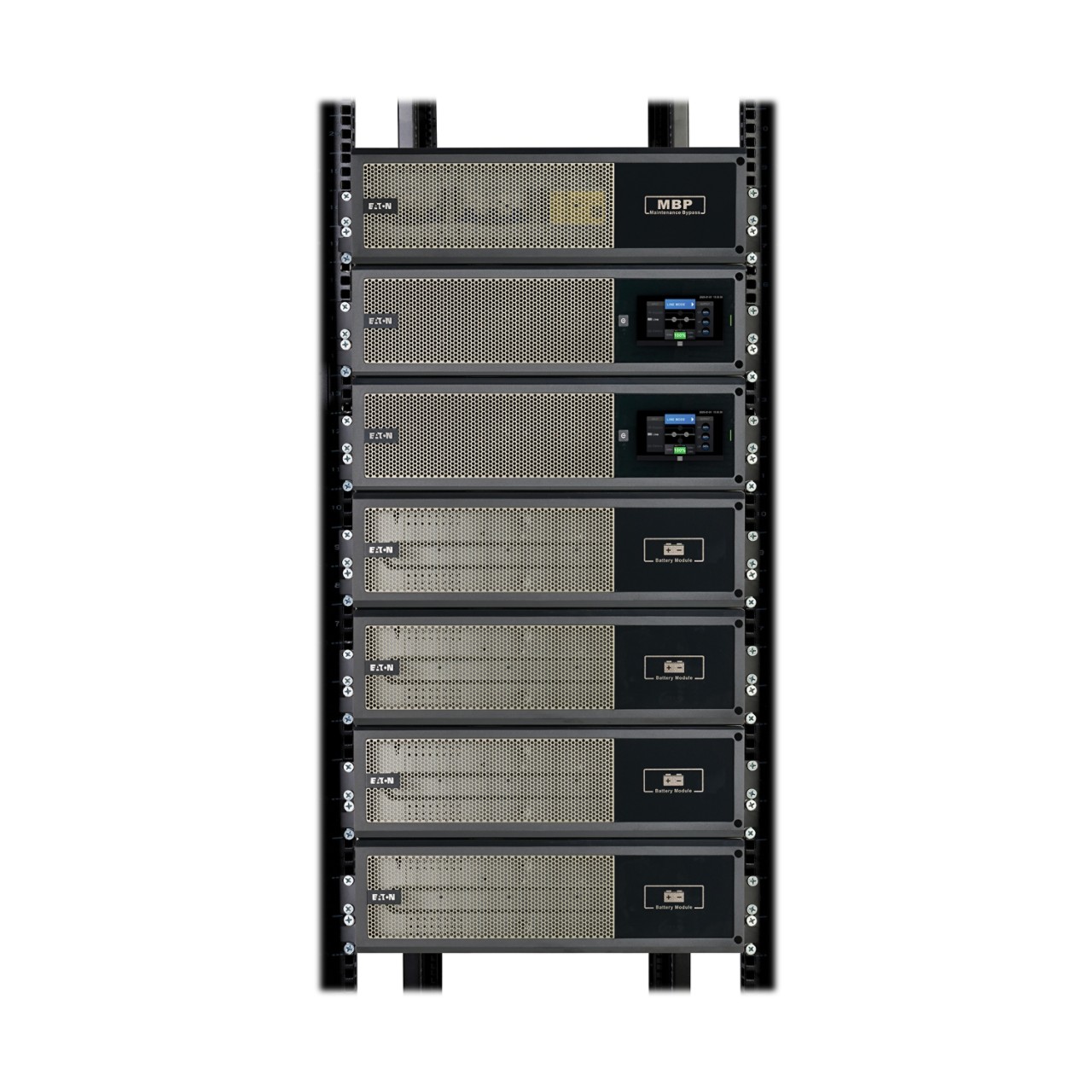 9PX UPS 5kVA-6kVA with LCD screen, in rack. Front view