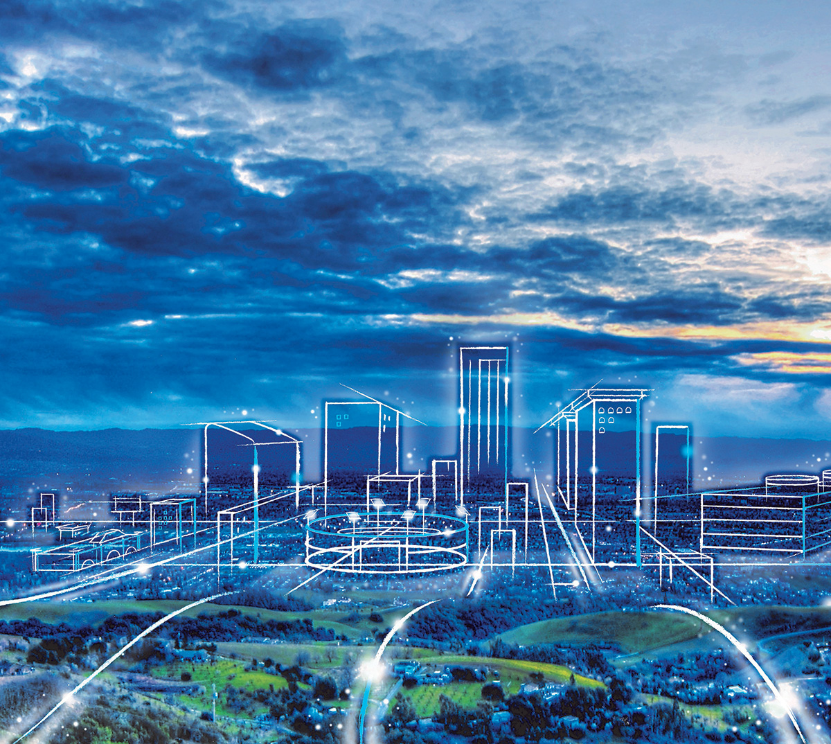 City with line drawings