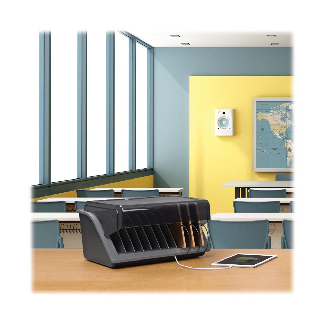 Contemporary colorful classroom with digital blackboard on wall - 3d rendering