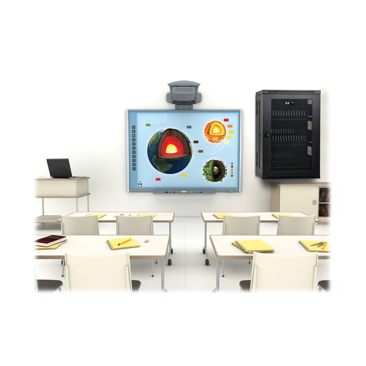 Modern classroom with interactive whiteboard. The interface and design elements are my own images.World map's obtained from the Nasa public domain archive and then has been modified for required diffuse and bump maps.Link: http://veimages.gsfc.nasa.gov/7100/world.topo.bathy.200401.3x5400x2700.jpgSimilar images: