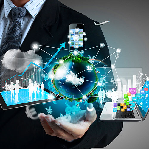 man-with-technology-icons-floating-above-his-hand-gm175861511