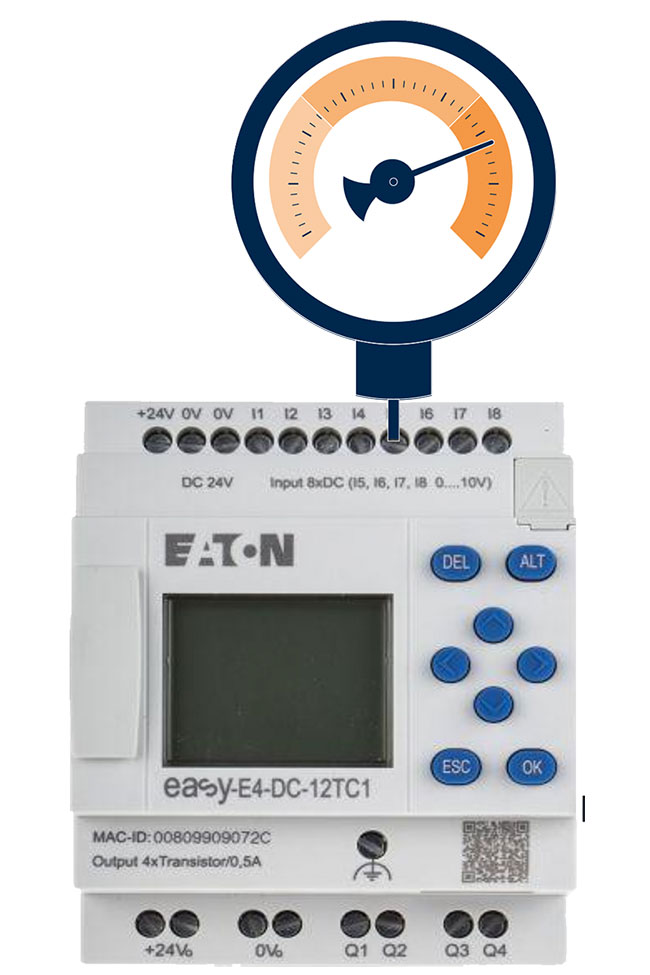 Connection between a pressure sensor to the easyE4 nano-programmable logic controller (PLC)